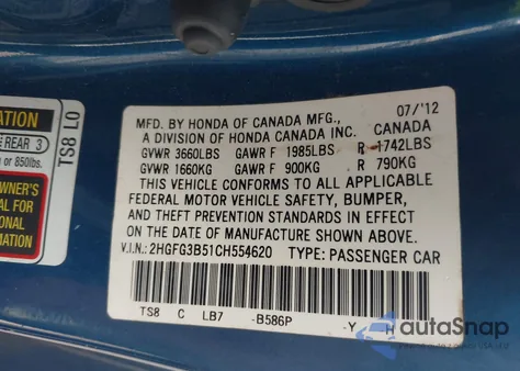 2012 Honda Civic Lx from USA, damaged, VIN 2HGFG3B51CH554620